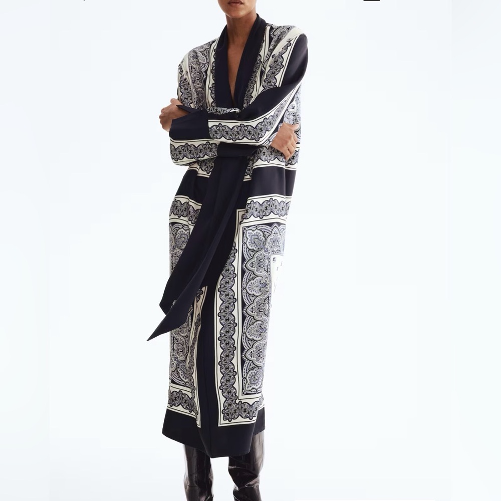 H&M Navy Blue/ Patterned Scarf-collar Dress.  XL. NWT. New Arrival-Sold out